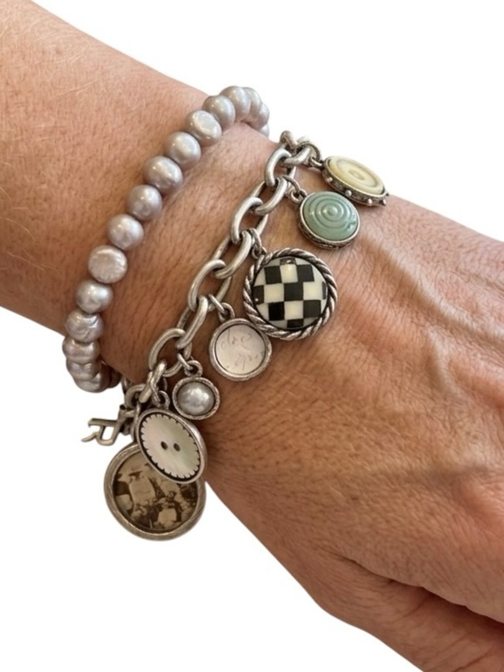 Vintage MMA Metropolitan Museum Art Charm Bracelet Silver Multi Faux Pearls